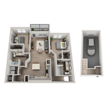 Rendering of the Sol floor plan with 2 bedroom[s] and 2 bathroom[s] at Solaya