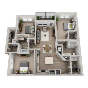 Rendering of the Valor floor plan with 3 bedroom[s] and 2 bathroom[s] at Solaya