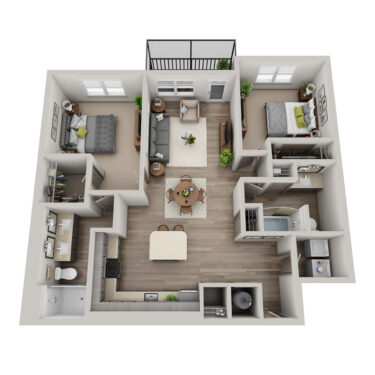 Rendering of the Solstice floor plan with 2 bedroom[s] and 2 bathroom[s] at Solaya
